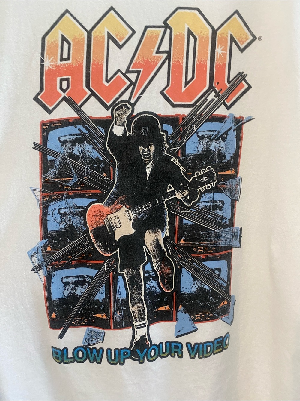 AC/DC White Graphic Tee with Orange, Blue and Black Band Art